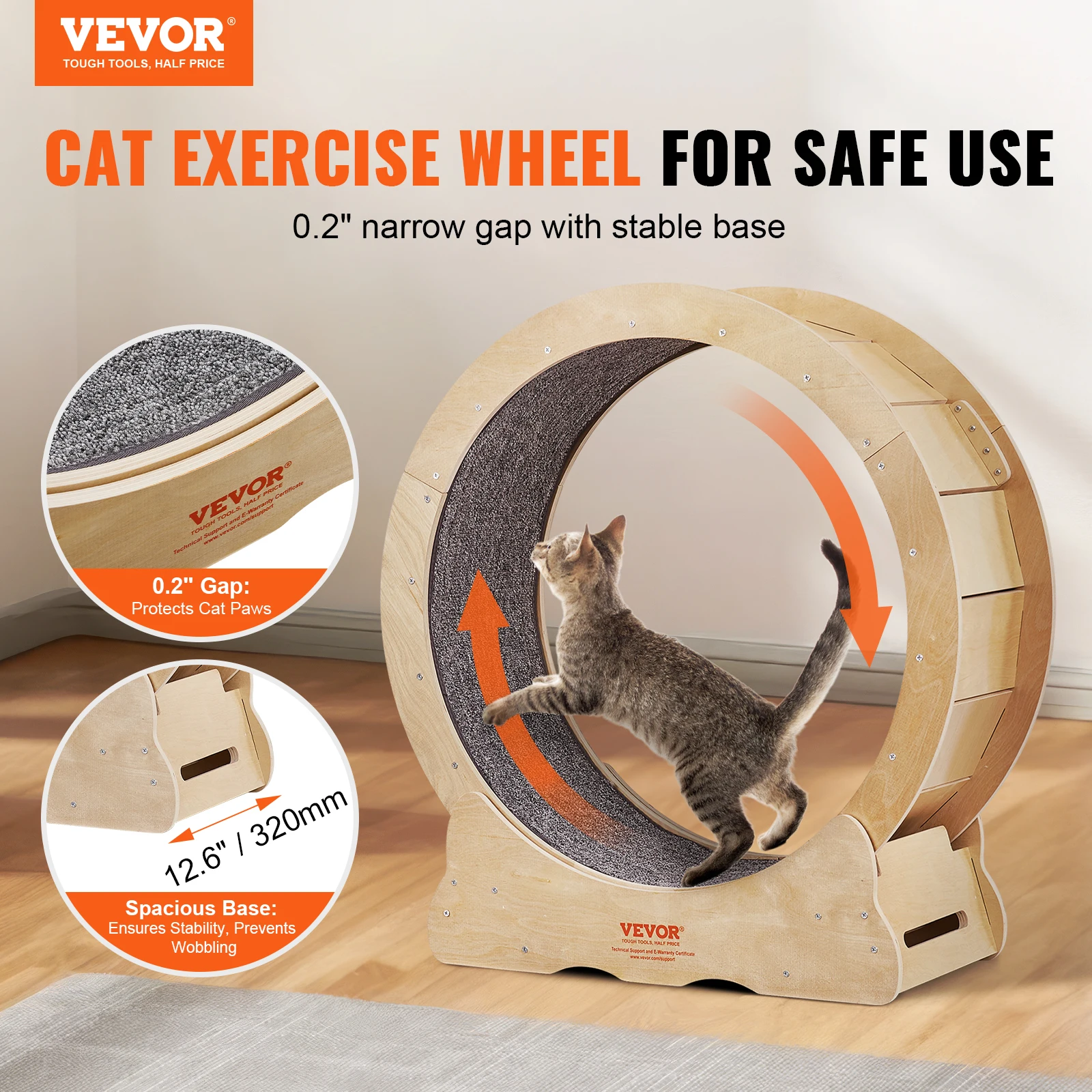 VEVOR Cat Exercise Wheel Natural Wood Silent Running Toy Treadmill Roller Wheel with Detachable Carpet for Most Cats Pet Fitness - Image 6